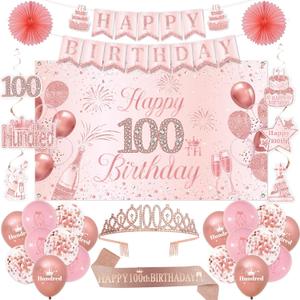 100th Birthday Decorations for Women, 100th Rose Gold Birthday Party Supplies, 100 Years Celebration Kit Including Backdrop, Crown, Sash, banner, Hanging Swirl,Balloons,Paper Fans for Her