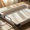Wooden Rustic Large Serving Tray with Handles | White | Vintage Style | Unique Decorative Metal Corners | Wood Ottoman Tray | Outdoor Tray | Rustic Home Decor Tray | Tray for Coffee Table | Tea Tray