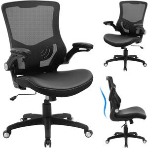 Office Chair Ergonomic Desk Chair, Computer PU Leather Home Office Chair, Swivel Mesh Back Adjustable Lumbar Support Flip-up Arms Executive Task Chair, 22.5x24x42