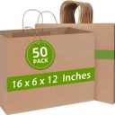 Johuivo Large Paper Bags with Handles, 50 Pcs Brown Shopping Paper Bags, Recyclable Kraft Paper Bag and Gift Bag Retail Bag for Small Business, Grocery, Party Favors, 16x6x12 Inches
