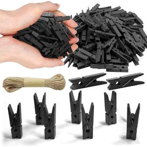 1.35 Inch Mini Clothes Pins for Photo100 Pcs with 32 Feet Jute Twine, Mini Clothes Pins for Crafts, Wooden Small Clothespins for Pictures, Tiny Decorative Clothespins for Baby Shower - Black