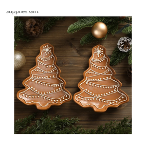LemonRoad 2 Pcs Christmas Gingerbread Plates Resin Gingerbread Tree Shaped Platter 8 x 5.9 Inch Hand Painted Xmas Tree Snack Fruit Candy Serving Tray for Farmhouse Home Decoration Party Supplies Gift
