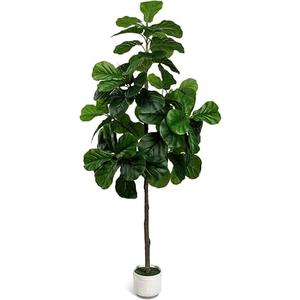 Artificial Fiddle Leaf Fig Tree 6FT - Large Fake Tree with White Planter, Tall Faux Ficus Lyrata Tree Floor Plants for Indoor Home Decor Office Living Room Housewarming Gift, 1Pack
