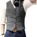 Mens Suit Vest Waistcoat Tweed Retro V Neck Wool Herringbone for Prom M/L