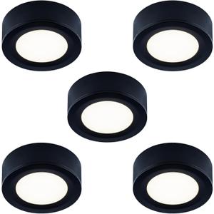 LUMILAND Wired LED Puck Lights 120V (2.7Wx5) Plug-in Lighting Warm White, LED Cabinet Light for Kitchen Can Be Surface Mount or Recess Mount, Black (3000K)