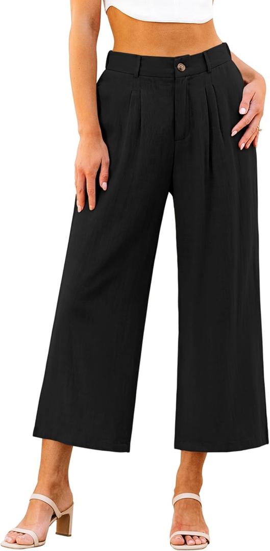 GRAPENT Wide Leg Capri Pants for Women High Waisted Linen Flowy Pleated Capris Cropped Trousers Pants Dressy Casual (S)