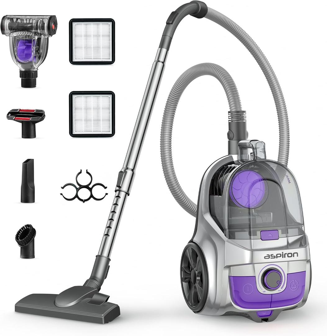 Aspiron Canister Vacuum, Upgraded 1600W Bagless Canister Vacuum Cleaner, Auto Cord Rewind, H13 HEPA Filter, 3.7Qt Large Capacity, 5 Tools for Hard Floors, Carpet, Pet, Upholstery, Tiles, Lilac