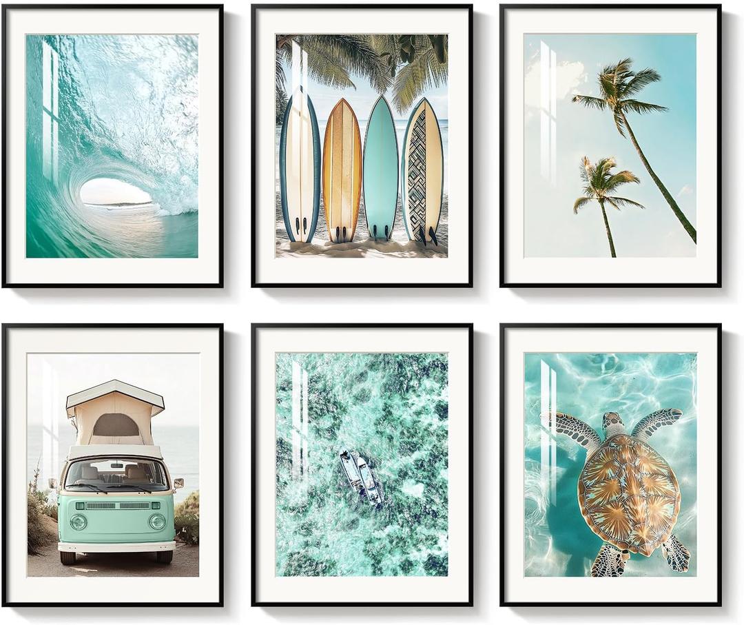 Framed Coastal Beach Wall Art for Living Room, 6 Pcs Ocean Wave Surfboard Palm Tree Sea Turtle Canvas Artwork, Teal Green Summer Seascape Picture Print for Dining Room Bedroom Wall Decor, 11x14 Inch