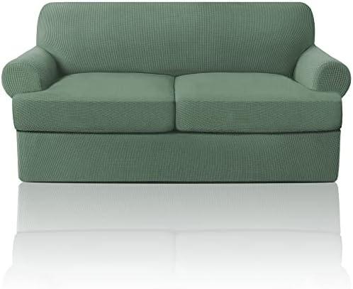 PrinceDeco T Cushion Loveseat Slipcover 3 Pieces Sofa Covers for T Cushion Sofa Stretch Slip Covers for 2 Cushion Couch with 2 Individual T Shape Seat Covers Width Up to 76", Loden Frost