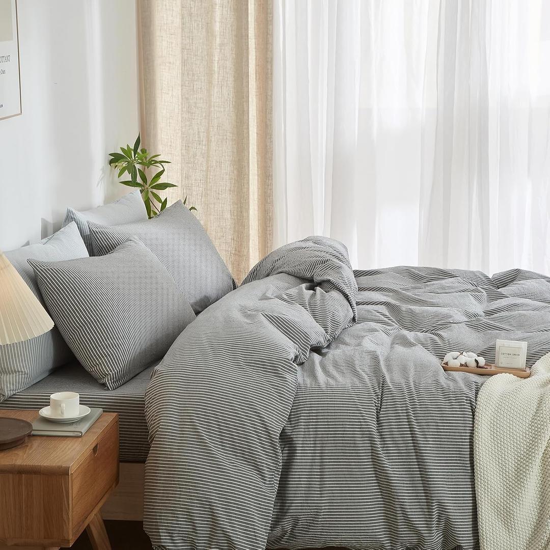 Striped Duvet Cover Set Queen Size 3 Pcs Breathable Durable 100% Washed Cotton Comforter Cover for All Seasons Chic Linen Like Textured Bedding Set (Dark Grey White Pinstripes, Queen)