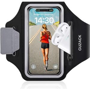 GUZACK Running Phone Holder with Zipper Pouch, Running Armband for iPhone 17/16/15/14/13/12/11 Pro Max/Plus, Galaxy S25/S24/S23/S22, Cell Phone Arm Holder with Card Slot - Size S (Black Zipper (Up to 6.9"))