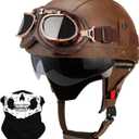 German Style Leather Motorcycle Half Helmet for Adults Men Women, DOT Approved Vintage Cap Half Face Shell Motorcycle Helmets for Cruiser Chopper+Goggles(Brown,X-Large)