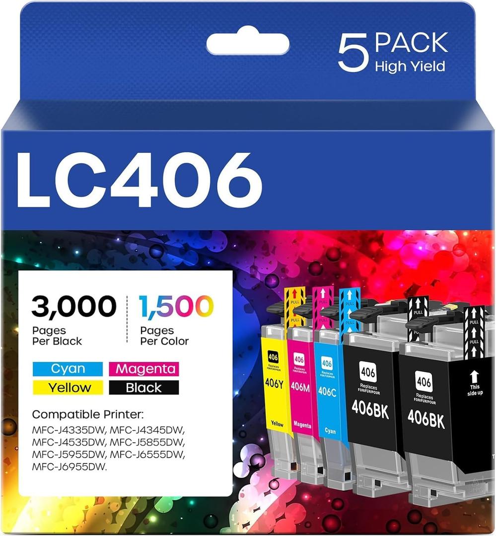 LC406 Ink Cartridges Compatible for Brother LC406 LC406XL LC 406 XL Work for Brother MFC-J4335DW MFC-J5855DW MFC-J4535DW MFC-J6555DW MFC-J6955DW Printer (5 Pack, 2 Black, Cyan, Magenta, Yellow)