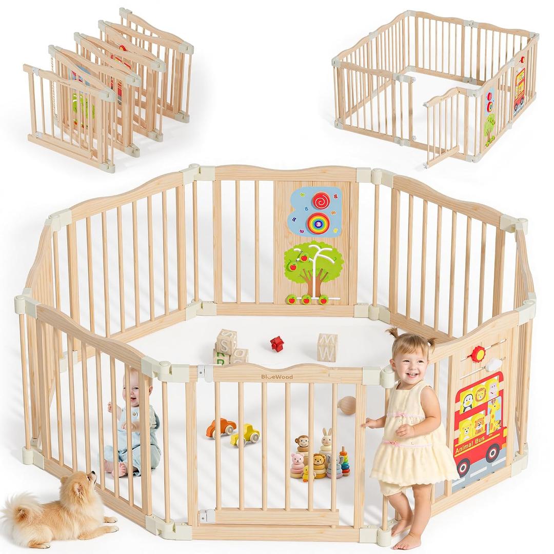 Foldable Wooden Playpen - Adjustable Wood Baby Play Yard with Child-Proof Lock, Indoor Large Safety Fence for Babies and Toddlers - Easy Assembly, 55 x 55 x 24 inches, Animal Bus, Natural