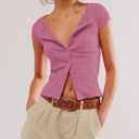 ZAFUL Women's Short Sleeve Shirt Crew Neck Button Down Cardigan T-Shirt Slim Fit Y2K Going Out Casual Fashion Tops (Pink)