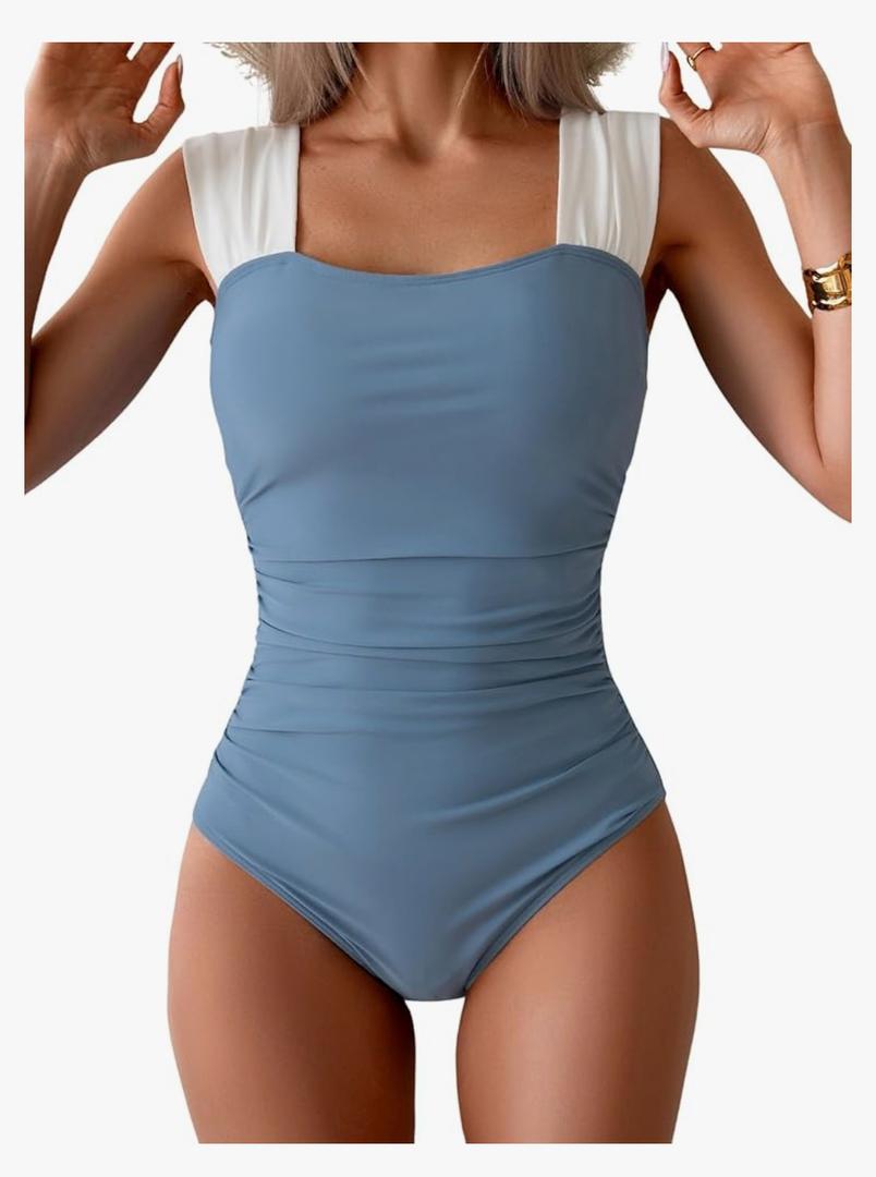 B2prity Womens One Piece Swimsuit Retro Square Neck Tummy Control Bathing Suits Ruched Modest Full Coverage Swimwear, L