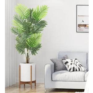 4 ft Artificial Palm Tree with 18 Trunks- Fake Palm Tree Fake Tropical Paradise Palm Tree in Pot with Real Bark Design and Adjustable Branches, Faux Palm Plant for Indoor Home Office Modern Decor