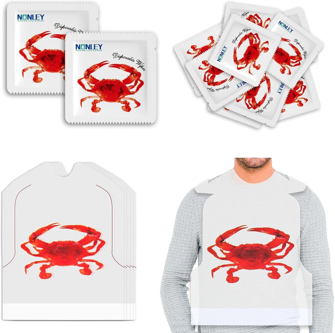 Nonley 60/100 Pack Crab Bib + Wet Wipe Set, Disposable Plastic Crawfish Bibs for Adults Seafood Boil Party Supplies