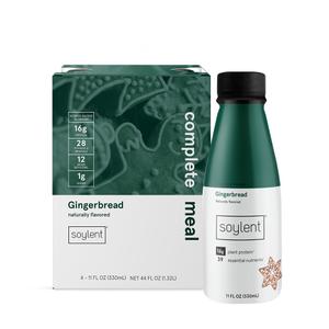 Soylent Complete Meal Replacement Shake, Gingerbread, 16g Complete Protein, Ready-to-Drink Plant Based Protein Drink, 1g Sugar, 11oz (4 Pack), Best By: 10/04/25