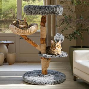Sopapets Solid Wood Cat Tree for Large Cat, 41.3" Modern Cat Tower with Heavy Duty Real Branch & Hand-Woven Basket, Sisal Scratching Posts & Cozy Bed, Luxury Furniture for Indoor & Maine Coon, Gray