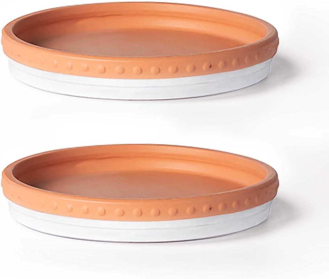 YBX 8-inch Plant Saucer Premium Terracotta Saucer Round Ceramic Plant Trays, Pack of 2 (White/Terracotta)