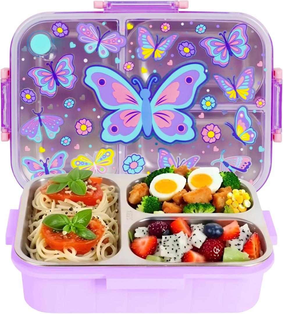 Stainless Steel Bento Lunch Box for Kids, 800ml/27oz BPA-Free Leak-Proof Food Containers with 3 Compartments, Freezer & Dishwasher Safe, Back to School Students Lunches Size for Ages 3-7 (B05. Butterfly)