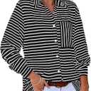 Astylish Women's 2025 Oversized Long Sleeve Shirts Button Up Striped Collared Front Pocket Top (Medium, Black)