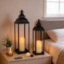 HAVITI 2 Pack Large Lanterns Decorative Indoor, Black Farmhouse Outdoor Lantern for Porch, Tall 22'' 17'' Lantern Decor (no Glass) with 2PCS Flameless Candles for Wedding Home Table Front Door
