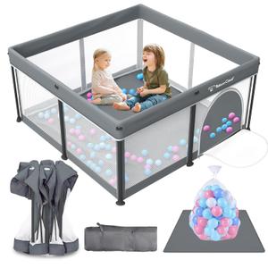 Taleco Gear Foldable Baby Play Pen with Mat, 50''x50'' Playpen for Babies and Toddlers, Playpen for Baby with Gate, Breathable,Foldable Travel Play Pen with 50 Ocean Balls (Grey)