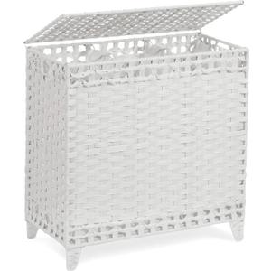 Laundry Hamper with 3 Removable Liner Bags; 132L Handwoven Rattan Laundry Basket with Lid & Heightened Feet; Clothes Hamper with Side Handles; Laundry Sorter with 3 Separate Sections (White) (132L (25.98x13x26.57 Inches))