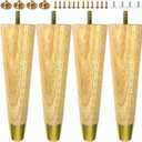 4-Pack 8-Inch Solid Hardwood Furniture Legs, Mid-Century Style with Golden Metal Caps - Natural Color, Perfect for Couches, Dressers, Chairs, and Cabinets