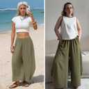 EXLURA Womens Faux Linen Wide Leg Boho Flowy Pants Summer Palazzo Casual Elastic Waist Baggy Trousers Beach Vacation Pockets (Green, XL)