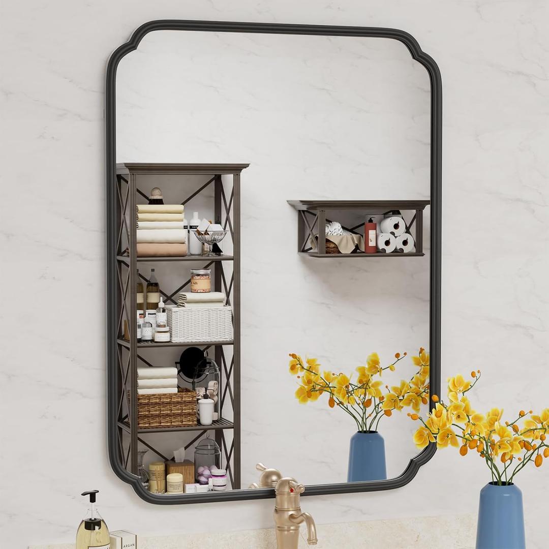 Matte Black Bathroom Vanity Mirror for Over Sink 30" x 40" Modern Rounded Corner Rectangle Wall Mirror Decorative with Non-Rusting Iron Metal Framed (Horizontal/Vertical)