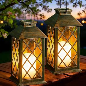 Solar Lanterns Outdoor Waterproof, 2 Pack 9" Glass Hanging Solar Lights with Flickering Flameless Candle, Outdoor Lanterns for Patio Wall Porch Table Garden Yard, Gift for Women Mom - Bronze