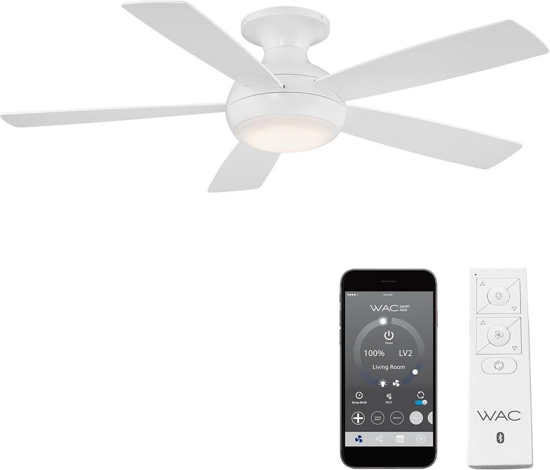 WAC Smart Fans Odyssey Indoor and Outdoor 5-Blade Flush Mount Smart Home Ceiling Fan 52in Matte White with 3000K LED Light Kit and Remote Control works with Alexa and iOS or Android App, Matte White