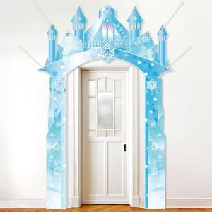 Polyester Fabric Winter Snow Castle Party Door Banner Wonderland Door Decoration Ice Snow Themed Backdrop for Girls Birthday Snowflake Hanging Princess Photo Booth Props Supplies