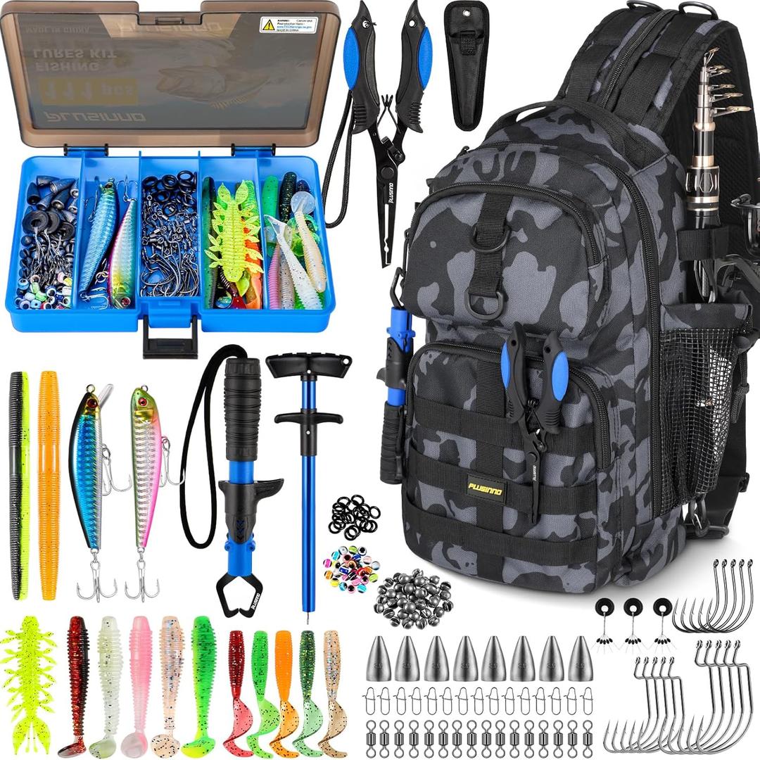 PLUSINNO Fishing Backpack with Tackle Boxes, Waterproof Fishing Sling Tackle Bag for Fishing Gear with Rod Holder, Fishing Gifts for Men with Fishing Lures, Fishing Pliers, Fish Lip Gripper.