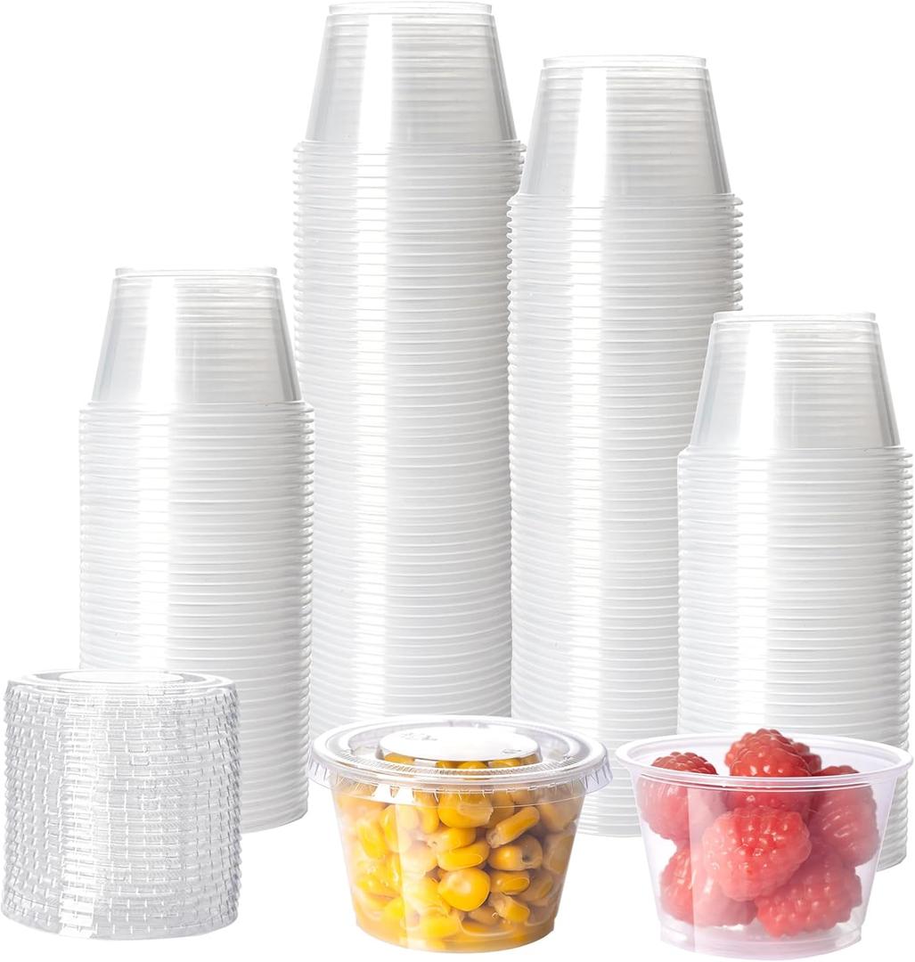 HOMIP 100Pack 4oz Disposable Plastic Portion Cups with Lids, Small Mini Sauce Cups for Portion Control, Salad Dressing Cups, Airtight and Stackable Condiment Cups for Party, Holiday and Daily Use