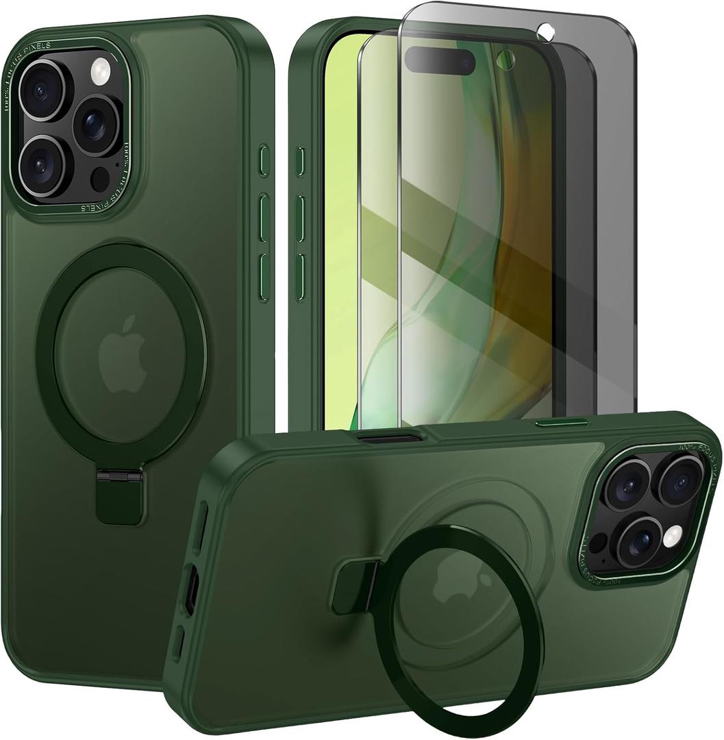 Lamcase for iPhone 16 Pro Max Case, Compatible with MagSafe, with Privacy Screen Protectors X2, [Magnetic Invisible Stand] [Camera Protection] Shockproof Slim Translucent Matte Phone Case, Green