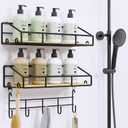 Shower Caddy 2 Pack, Large Bathroom Shower Caddy with Hooks, Innovative Metal with Bamboo Shower Caddy Organizer Shelves Rack, Sturdy Wall-Mounted & Adhesive Shower Caddy for Bathroom/Kitchen