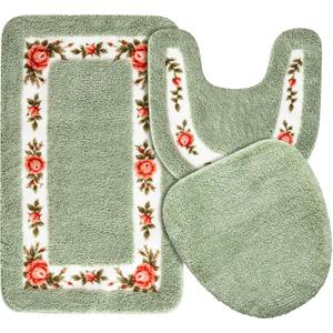 3 x Drydiet 3 Pcs Rose Flowers Bathroom Rugs Set Coquette Room Decor Floral Bath Mat U Shaped Toilet Rug Non Slip Absorbent Floral Bath Carpet (Green)