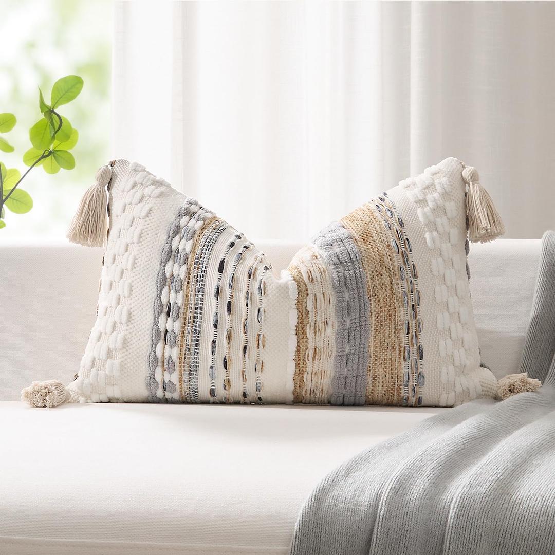 Kevin Textile Spring 12x20 Inch Lumbar Throw Pillow Cover 1 Pack Boho Decorative Soft Chenille Thread Woven Tufted Textured Rectangle Cushion Case Accent for Living Room Couch Sofa Bed, Beige