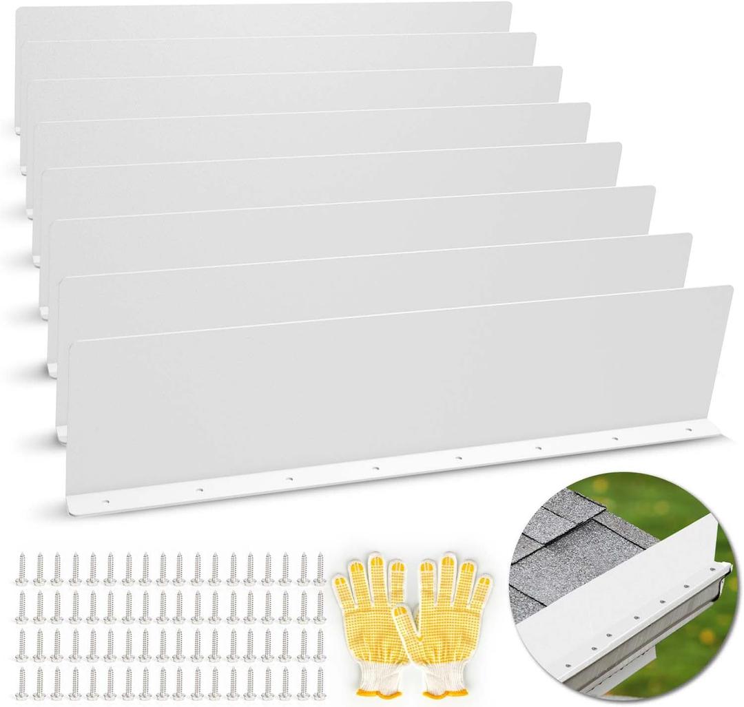 Gutter Valley Splash Guards, 15.7 x 3.5 Inch 8 Pack Gutter Guard, Aluminum Rain Gutter Guard Downspout Rain Diverter for Roof Shingle, Rain Drip Guard for Straight House (White)