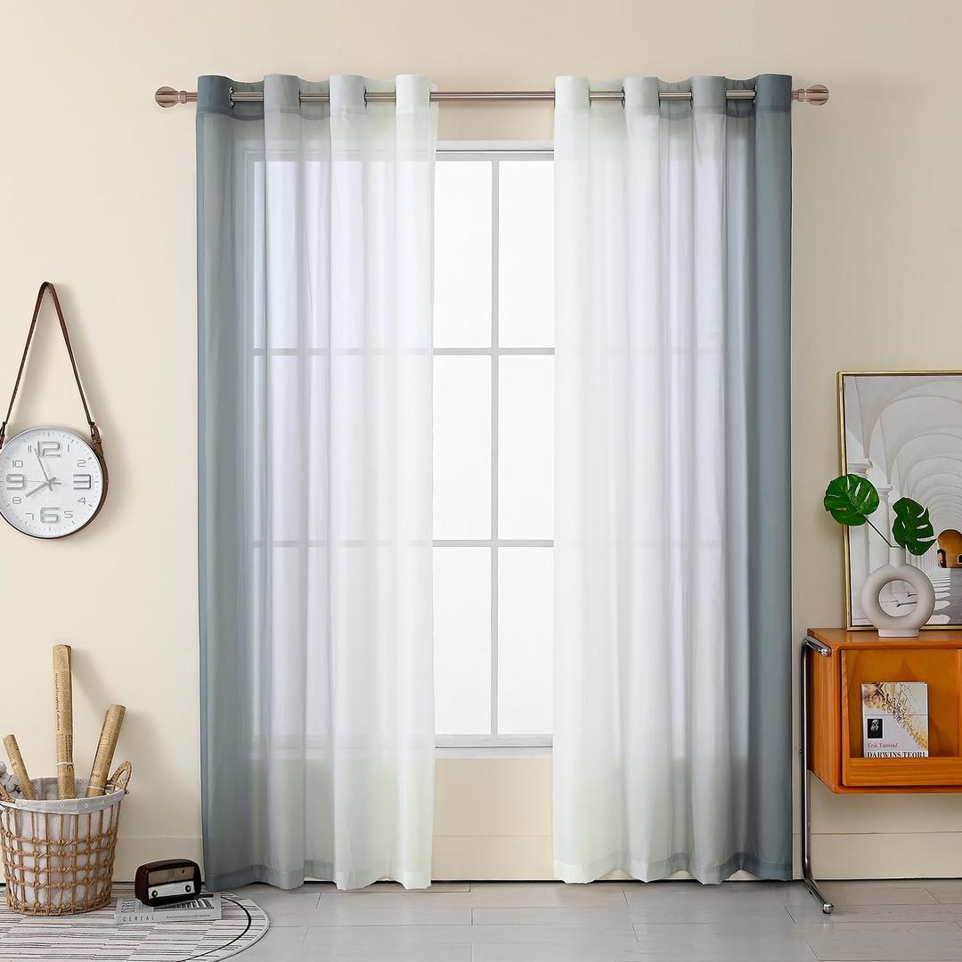 Ombre Sheer Curtains for Living Room Bedroom, Grommet Top Gradient Semi Sheer Light Filtering Home Decor Window Drapes, Set of 2 Panels, Grey, 52x63 Inch