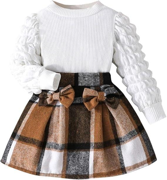 Noubeau Toddler Girls Plaid Outfits Girls Puff Sleeve Knit Ribbed Shirt Tops Plaid Skirt Set Kids Fall Winter Clothes (Black-brown)