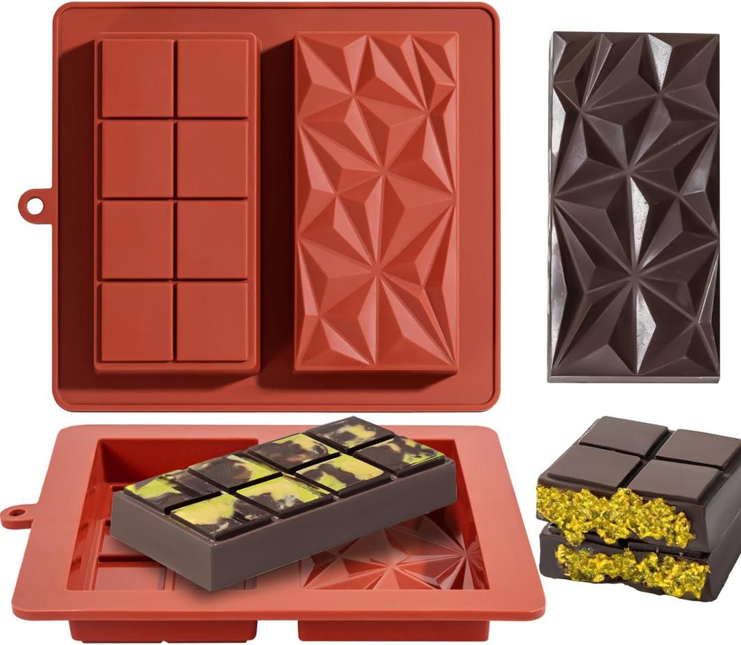 Chocolate Bar Mold Deep Dubai 1 Inch 2 Pcs Pistachio Silicone Thick Mold for Stuffed Bar, Large Candy Bar Mould for Filling (1in2pcs, Geometric Red)