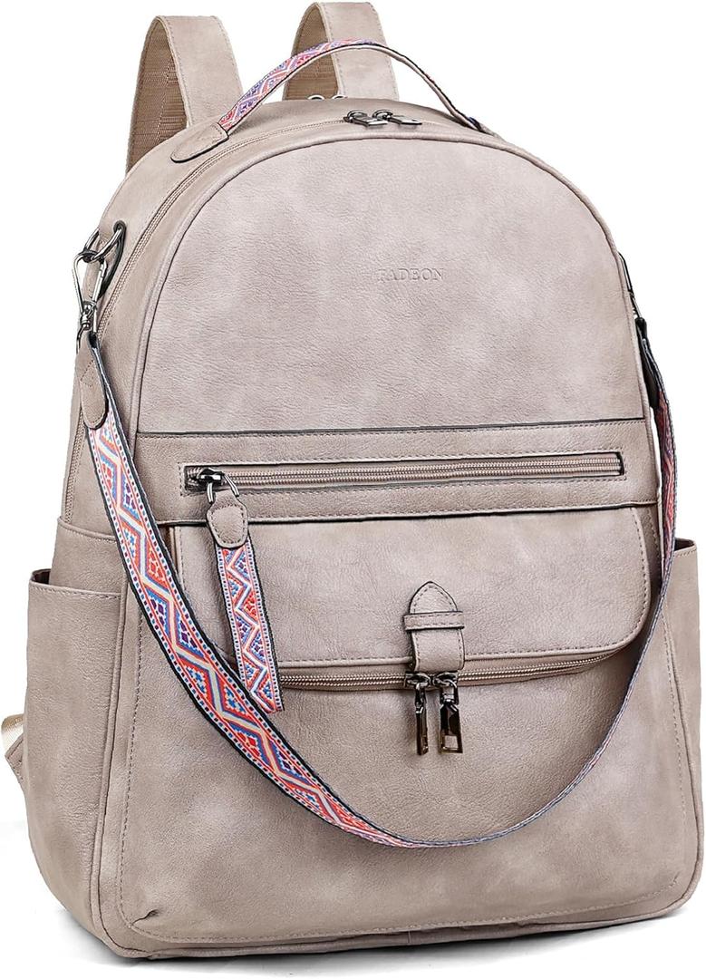 FADEON 15.6 inch Leather Laptop Backpack Purse for Women, Designer Travel PU Backpack with Laptop Compartment for Work Grey (Grey Retro Style)