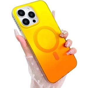 Aesthetic Case for iPhone 13 Pro Max Case for Women Girls, Compatible with Magsafe, Cute Girly Trendy Glitter Sparkly Rainbow Magnetic Protective Phone Cover, Matte Iridescent Yellow & Orange