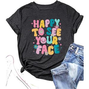 ALLTB First Day of School Shirt Happy to See Your Face Shirts Women Back to School T-Shirt Teacher Life Tee Tops (Medium, Grey)