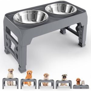 Elevated Dog Bowls for Medium Large Dogs - 5 Height Adjustable Mess Proof Raised Bowl Stand with 2 44oz Stainless Steel Food Bowls Dish Set Adjusts to 3.54-12.13 Non-Slip Grey (Gray)